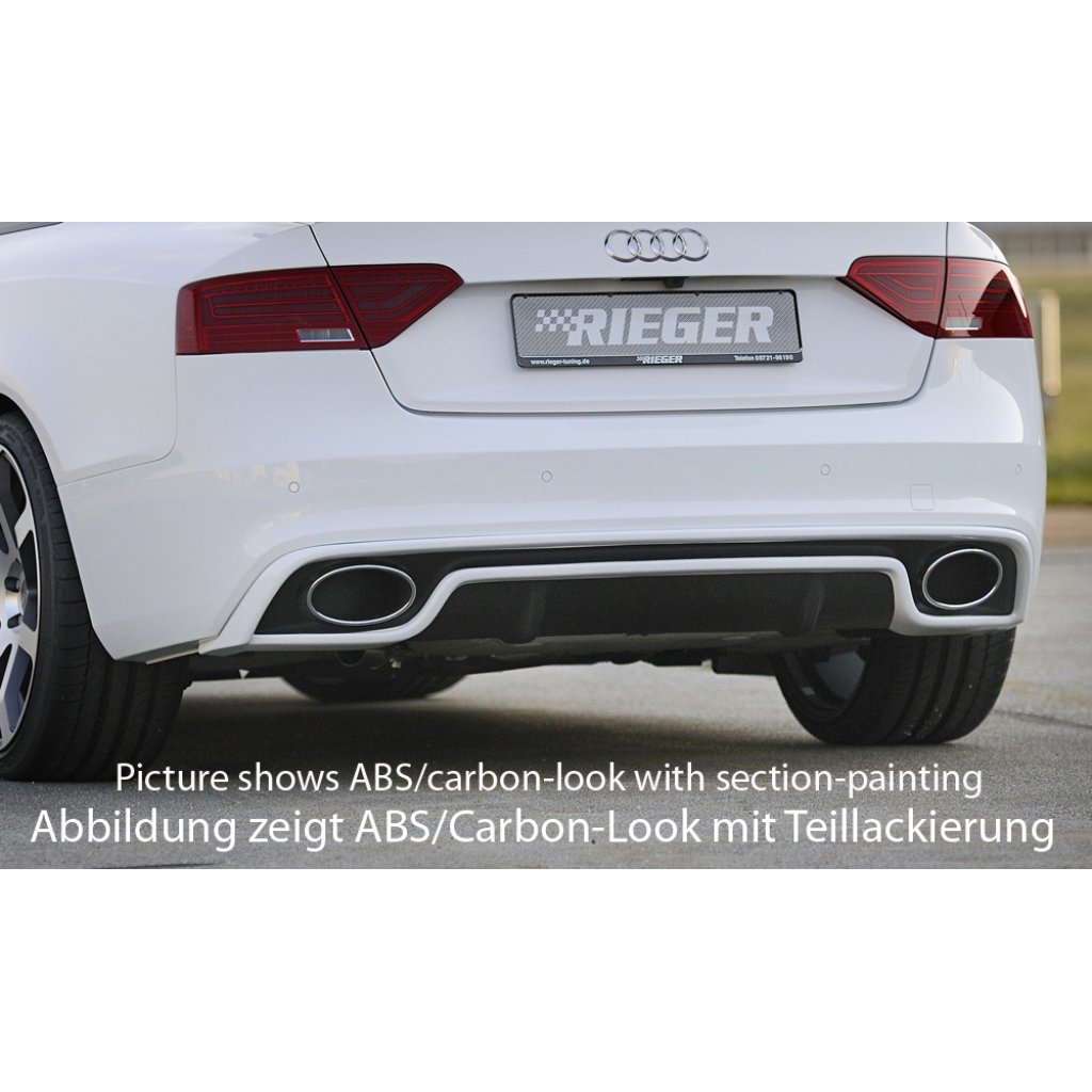 Rieger vložka zadního nárazníku pro Audi A5 B8, B81 Sportback po faceliftu, plast ABS lakovaný do černé lesklé barvy, S-Line, pro oválné výfukové deflektory na obou stranách 185x120 mm