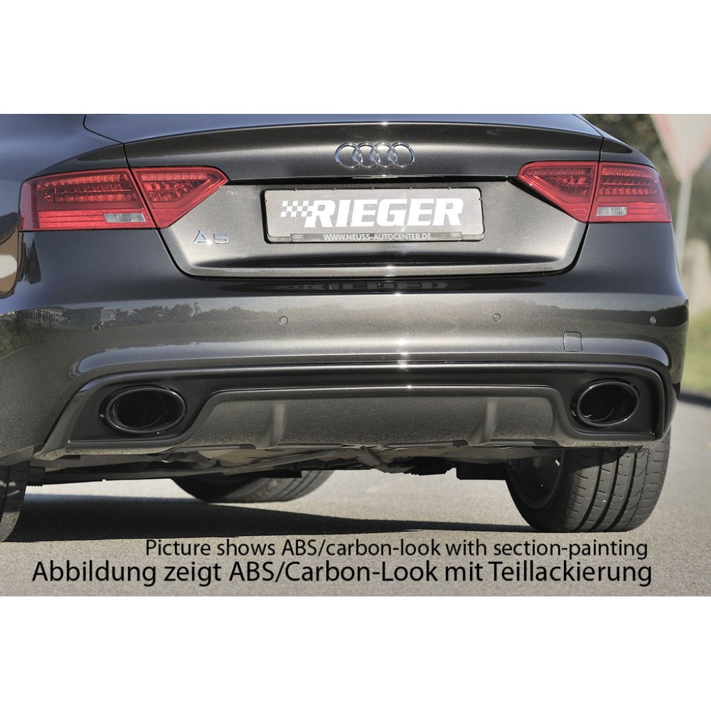 Rieger vložka zadního nárazníku pro Audi A5 B8, B81 Sportback po faceliftu, plast ABS s povrchovou úpravou Carbon-Look, S-Line, pro oválné výfukové deflektory na obou stranách 185x120 mm