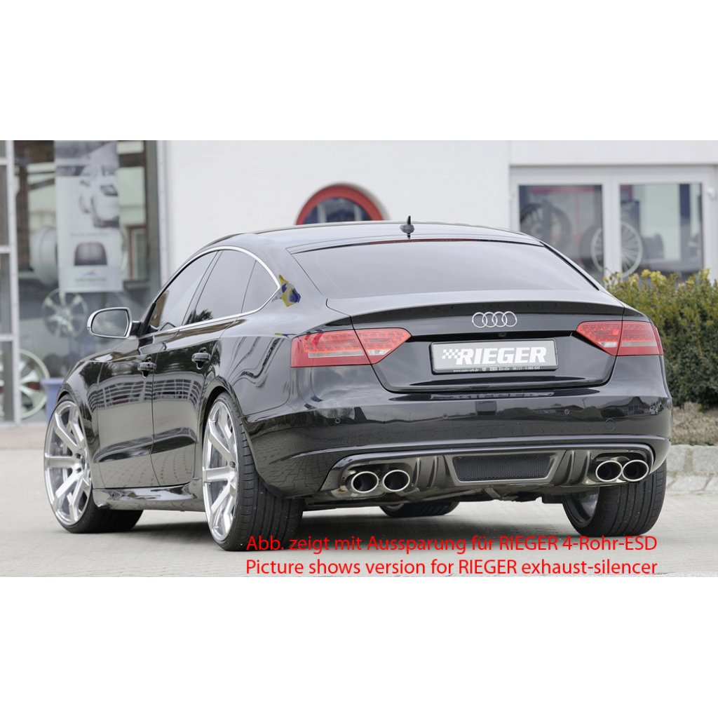 Rieger vložka zadního nárazníku pro Audi A5 B8, B81 Sportback před faceliftem, plast ABS s povrchovou úpravou Carbon-Look, mimo S-Line, pro orig. koncovky na obou stranách