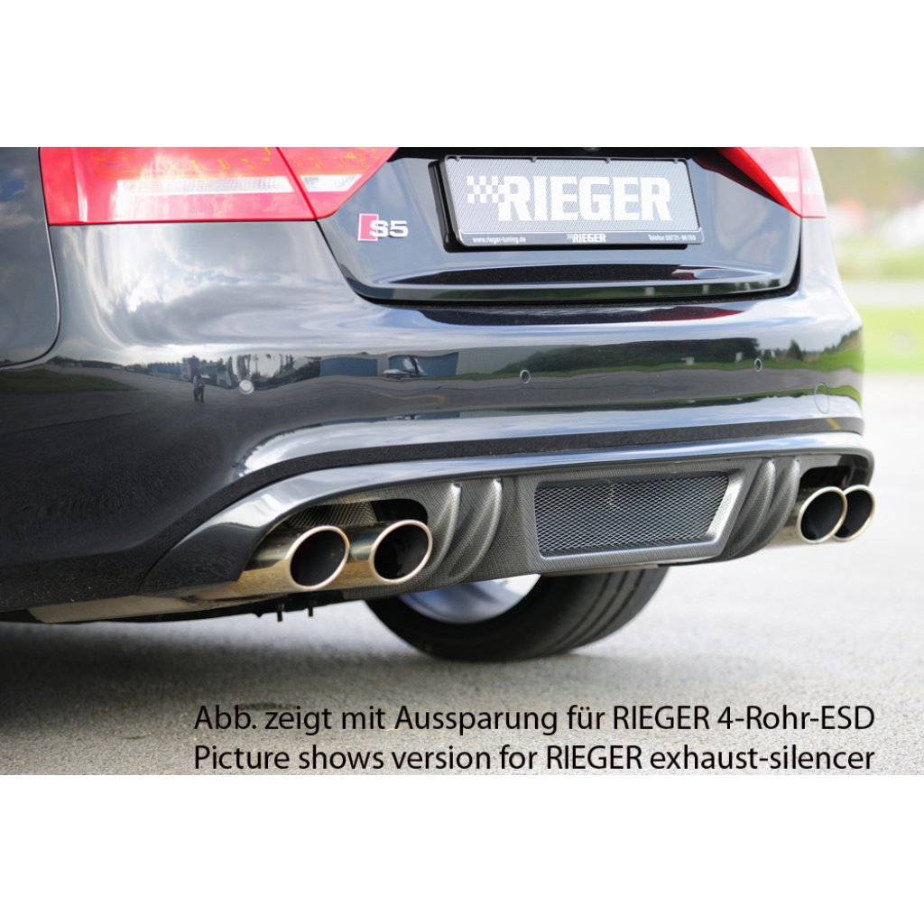 Rieger vložka zadního nárazníku pro Audi A5 B8, B81 Sportback před faceliftem, plast ABS s povrchovou úpravou Carbon-Look, S-Line, pro orig. dvojitou koncovku vlevo