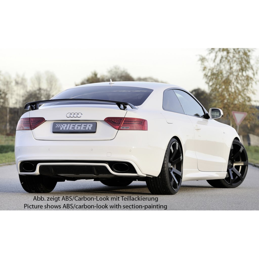 Rieger vložka zadního nárazníku pro Audi A5 S5 B8, B81 kabriolet, kupé po faceliftu, plast ABS bez povrchové úpravy, S-Line, pro oválné výfukové deflektory na obou stranách 185x120 mm