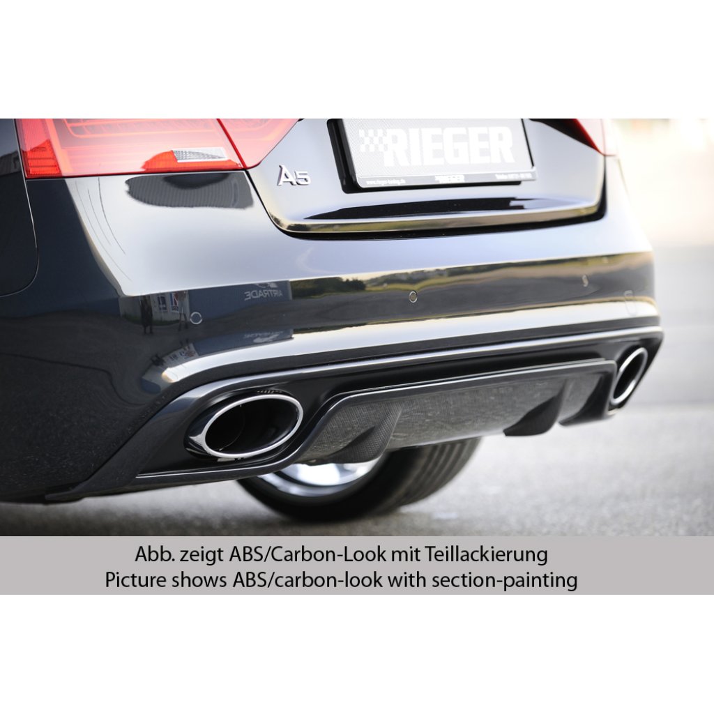 Rieger vložka zadního nárazníku pro Audi A5 S5 B8, B81 kabriolet, kupé po faceliftu, plast ABS lakovaný do černé lesklé barvy, S-Line, pro oválné výfukové deflektory na obou stranách 185x120 mm
