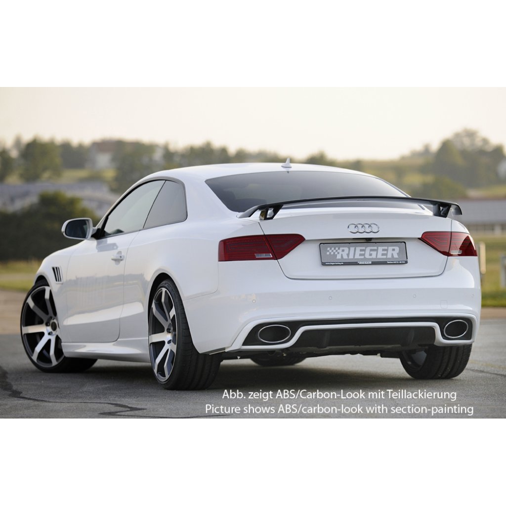 Rieger vložka zadního nárazníku pro Audi A5 S5 B8, B81 kabriolet, kupé po faceliftu, plast ABS lakovaný do černé lesklé barvy, S-Line, pro oválné výfukové deflektory na obou stranách 185x120 mm