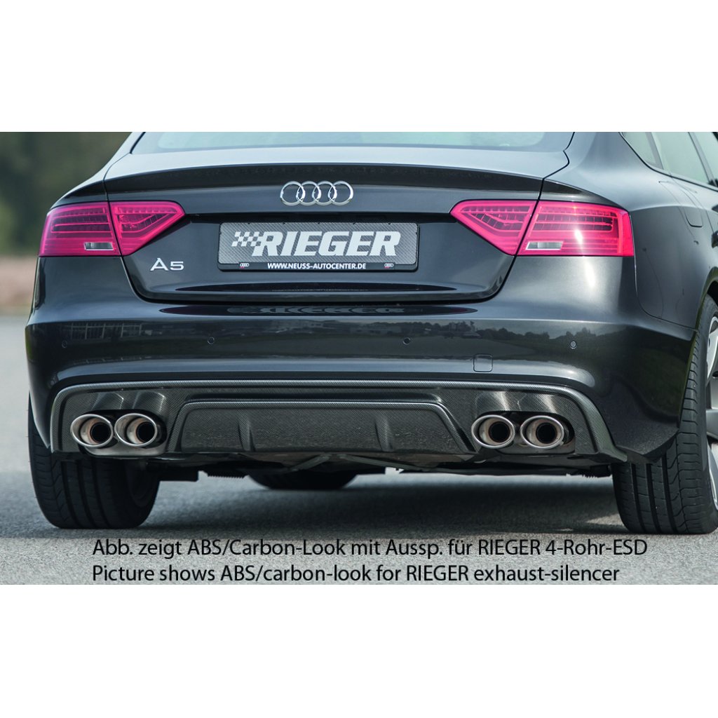 Rieger vložka zadního nárazníku pro Audi A5 S5 B8, B81 Sportback po faceliftu, plast ABS lakovaný do černé lesklé barvy, S-Line, pro orig. dvojité koncovky na obou stranách