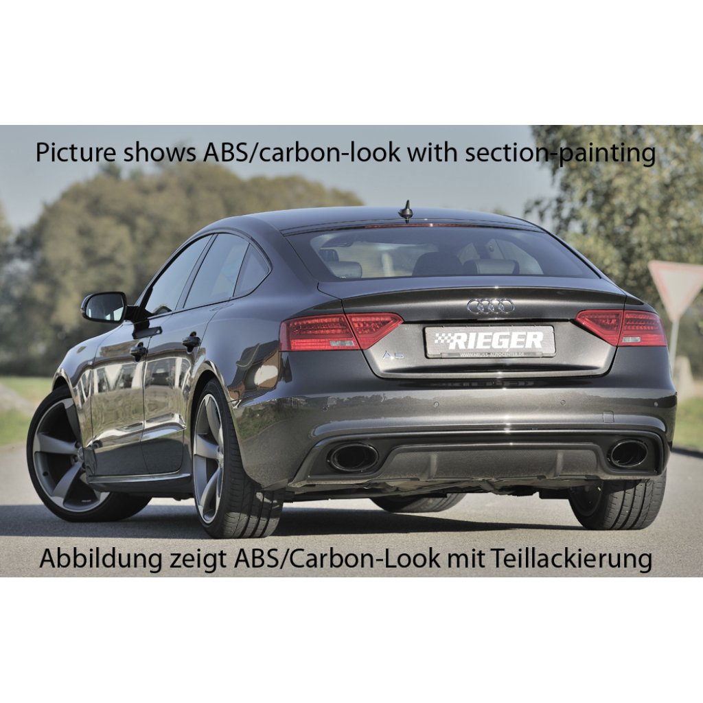 Rieger vložka zadního nárazníku pro Audi A5 S5 B8, B81 Sportback po faceliftu, plast ABS lakovaný do černé lesklé barvy, S-Line, pro oválné výfukové deflektory na obou stranách 185x120 mm