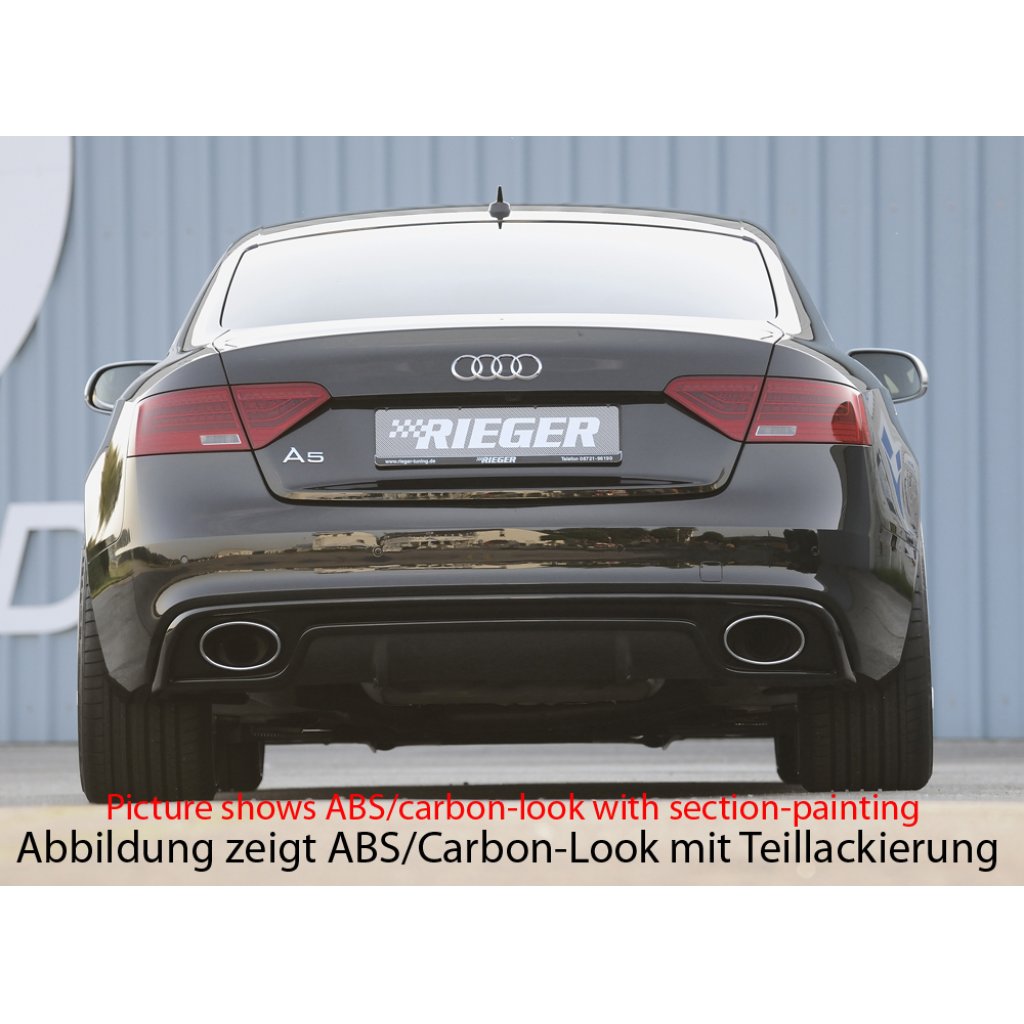 Rieger vložka zadního nárazníku pro Audi A5 S5 B8, B81 Sportback po faceliftu, plast ABS lakovaný do černé lesklé barvy, S-Line, pro oválné výfukové deflektory na obou stranách 185x120 mm