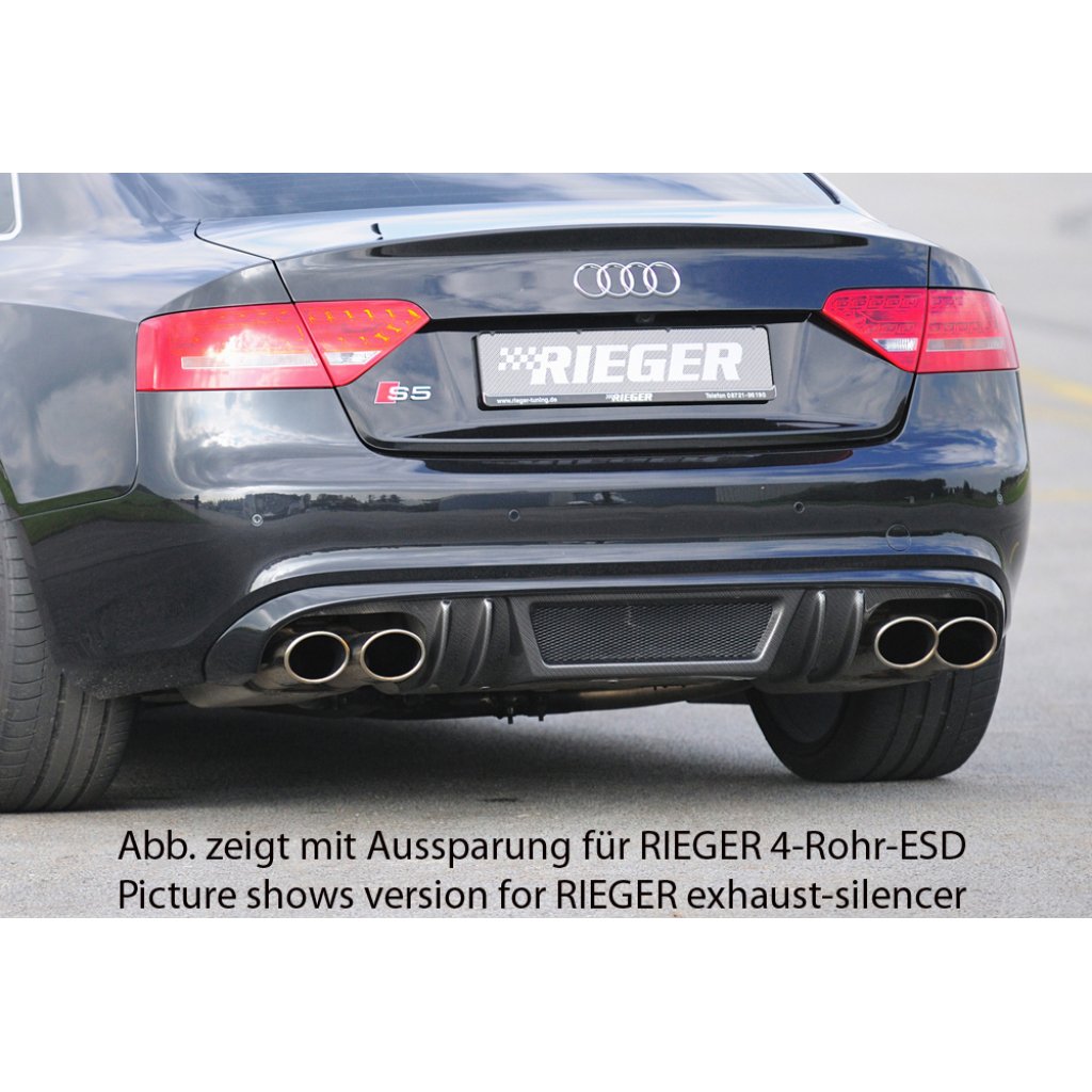 Rieger vložka zadního nárazníku pro Audi A5 S5 B8, B81 Sportback před faceliftem, plast ABS s povrchovou úpravou Carbon-Look, S-Line, pro orig. dvojité koncovky na obou stranách