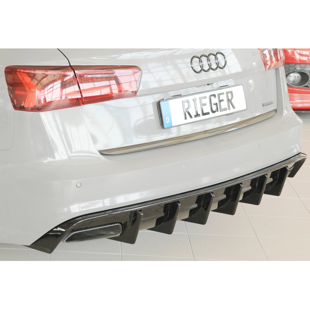 Rieger vložka zadního nárazníku pro Audi A6 4G, C7 sedan, plast ABS lakovaný do černé lesklé barvy, pro orig. koncovky vlevo a vpravo, pro vozy s tažným zařízením