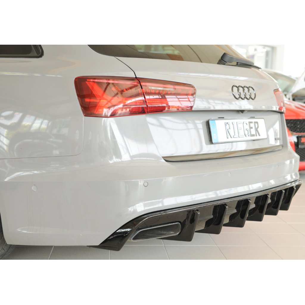 Rieger vložka zadního nárazníku pro Audi A6 4G, C7 sedan, plast ABS lakovaný do černé lesklé barvy, pro orig. koncovky vlevo a vpravo, pro vozy s tažným zařízením