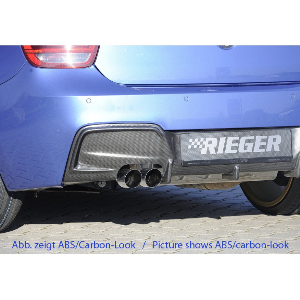 Rieger vložka zadního nárazníku pro BMW řada 1 F20, F21 sedan / 2-dvéř., sedan / 4-dvéř. před faceliftem, plast ABS lakovaný do černé lesklé barvy, pro orig. dvojitou koncovku vlevo
