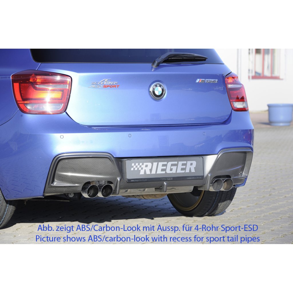 Rieger vložka zadního nárazníku pro BMW řada 1 F20, F21 sedan / 2-dvéř., sedan / 4-dvéř. před faceliftem, plast ABS lakovaný do černé lesklé barvy, pro orig. dvojitou koncovku vlevo