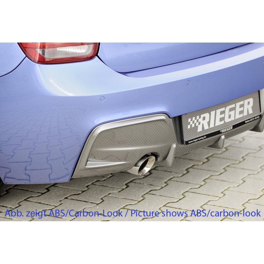 Rieger vložka zadního nárazníku pro BMW řada 1 F20, F21 sedan / 2-dvéř., sedan / 4-dvéř. před faceliftem, plast ABS lakovaný do černé lesklé barvy, pro orig. koncovku vlevo