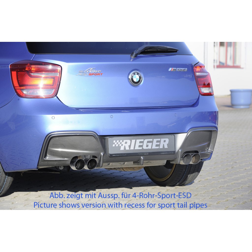 Rieger vložka zadního nárazníku pro BMW řada 1 F20, F21 sedan / 2-dvéř., sedan / 4-dvéř. před faceliftem, plast ABS s povrchovou úpravou Carbon-Look, pro orig. dvojitou koncovku vlevo