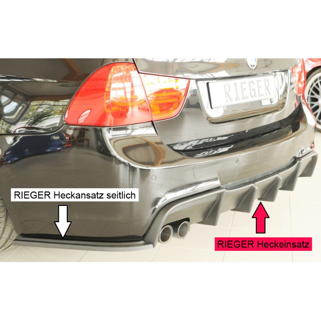 Rieger vložka zadního nárazníku pro BMW řada 3 E90, E91 sedan, touring, plast ABS bez povrchové úpravy, s dvojitou koncovkou na levé straně