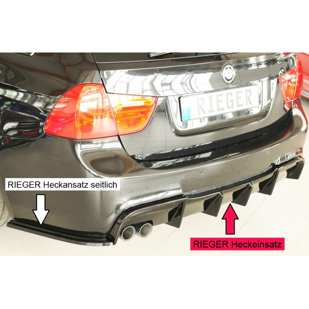 Rieger vložka zadního nárazníku pro BMW řada 3 E91 touring, plast ABS lakovaný do černé lesklé barvy, pro originální koncovku na levé straně
