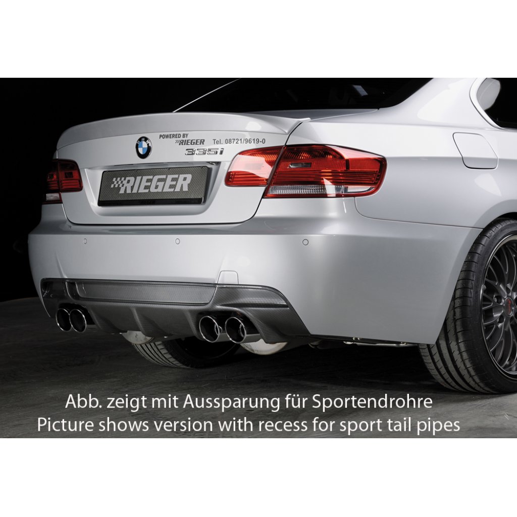 Rieger vložka zadního nárazníku pro BMW řada 3 E92, E93 kabriolet, kupé vč. faceliftu, plast ABS s povrchovou úpravou Carbon-Look, pouze 335i/335d, pro orig. koncovky na obou stranách