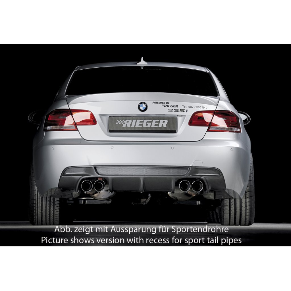 Rieger vložka zadního nárazníku pro BMW řada 3 E92, E93 kabriolet, kupé vč. faceliftu, plast ABS s povrchovou úpravou Carbon-Look, pouze 335i/335d, pro orig. koncovky na obou stranách