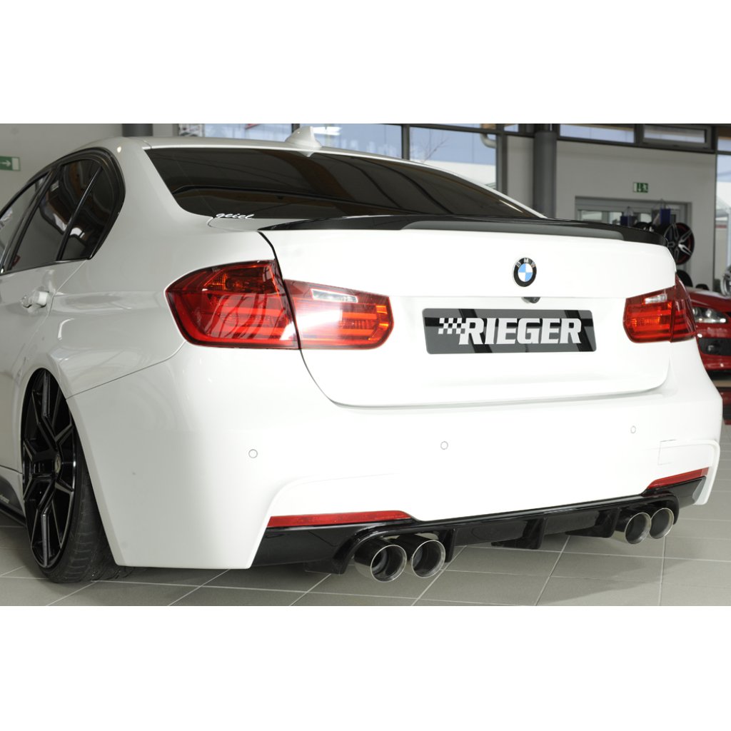 Rieger vložka zadního nárazníku pro BMW řada 3 F30, F31 sedan, touring vč. faceliftu, plast ABS lakovaný do černé lesklé barvy, pro dvojité koncovky na obou stranách 4x90 mm (335i/340i look)