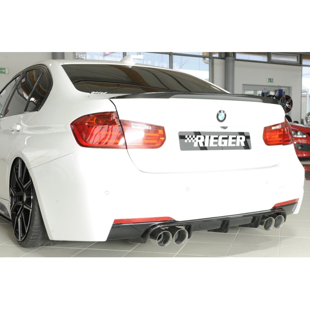 Rieger vložka zadního nárazníku pro BMW řada 3 F30, F31 sedan, touring vč. faceliftu, plast ABS lakovaný do černé lesklé barvy, pro dvojité koncovky na obou stranách 4x90 mm (335i/340i look)