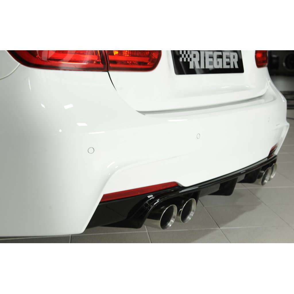 Rieger vložka zadního nárazníku pro BMW řada 3 F30, F31 sedan, touring vč. faceliftu, plast ABS lakovaný do černé lesklé barvy, pro dvojité koncovky na obou stranách 4x90 mm (335i/340i look)