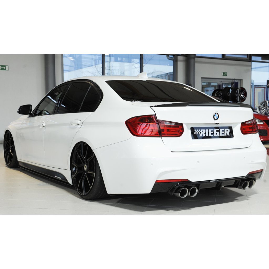 Rieger vložka zadního nárazníku pro BMW řada 3 F30, F31 sedan, touring vč. faceliftu, plast ABS lakovaný do černé lesklé barvy, pro dvojité koncovky na obou stranách 4x90 mm (335i/340i look)