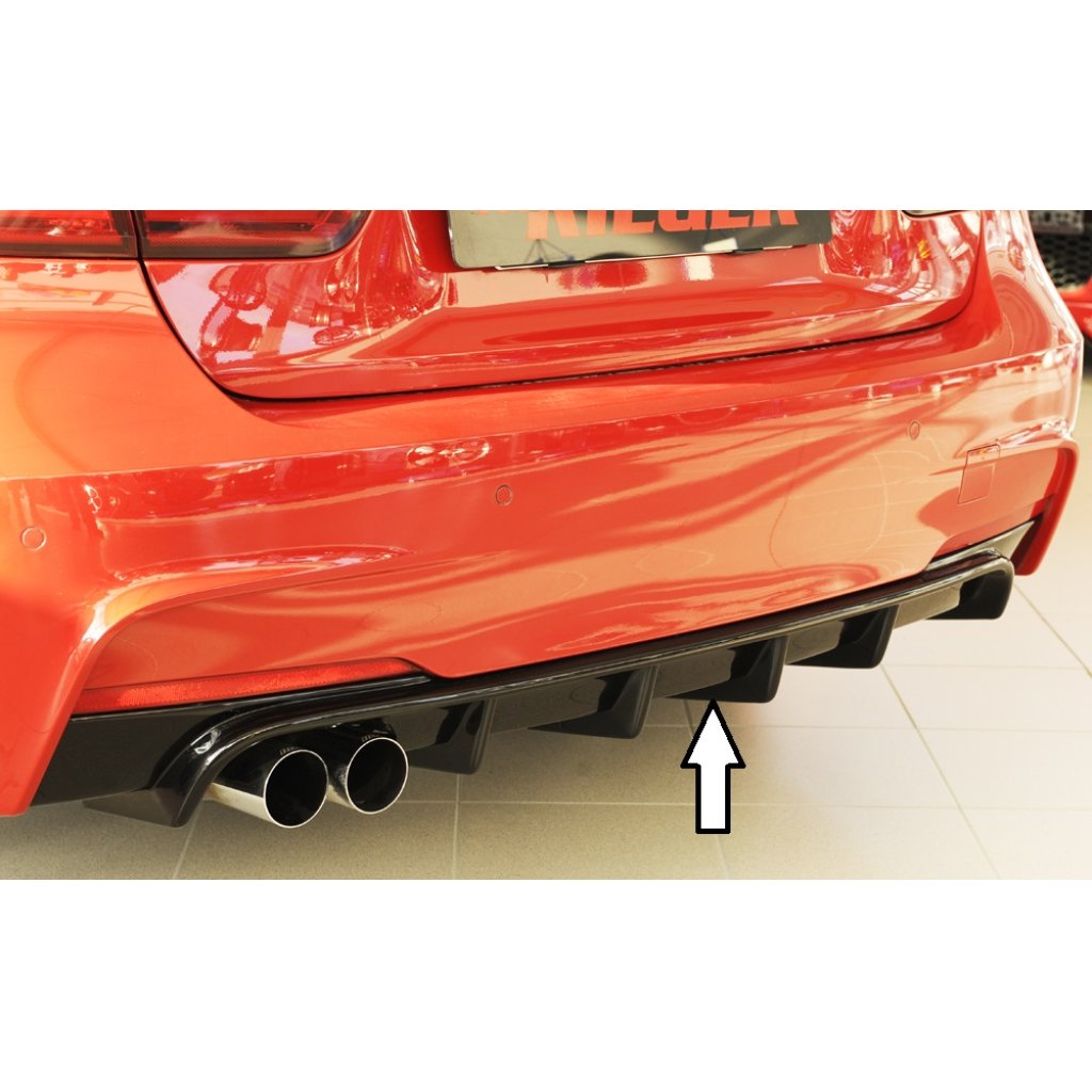 Rieger vložka zadního nárazníku pro BMW řada 3 F30, F31 sedan, touring vč. faceliftu, plast ABS lakovaný do černé lesklé barvy, pro orig. dvojitou koncovku vlevo