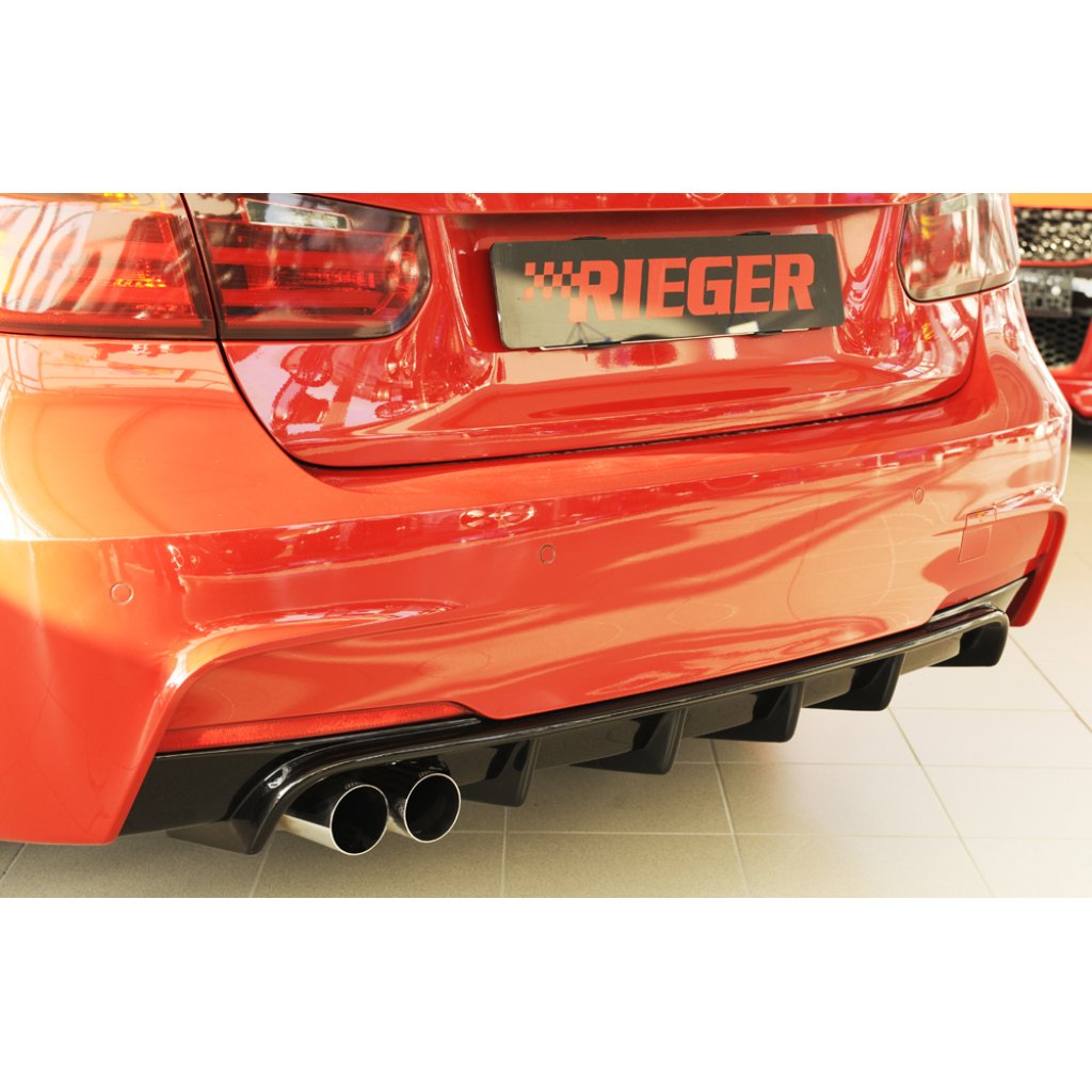 Rieger vložka zadního nárazníku pro BMW řada 3 F30, F31 sedan, touring vč. faceliftu, plast ABS lakovaný do černé lesklé barvy, pro orig. dvojitou koncovku vlevo
