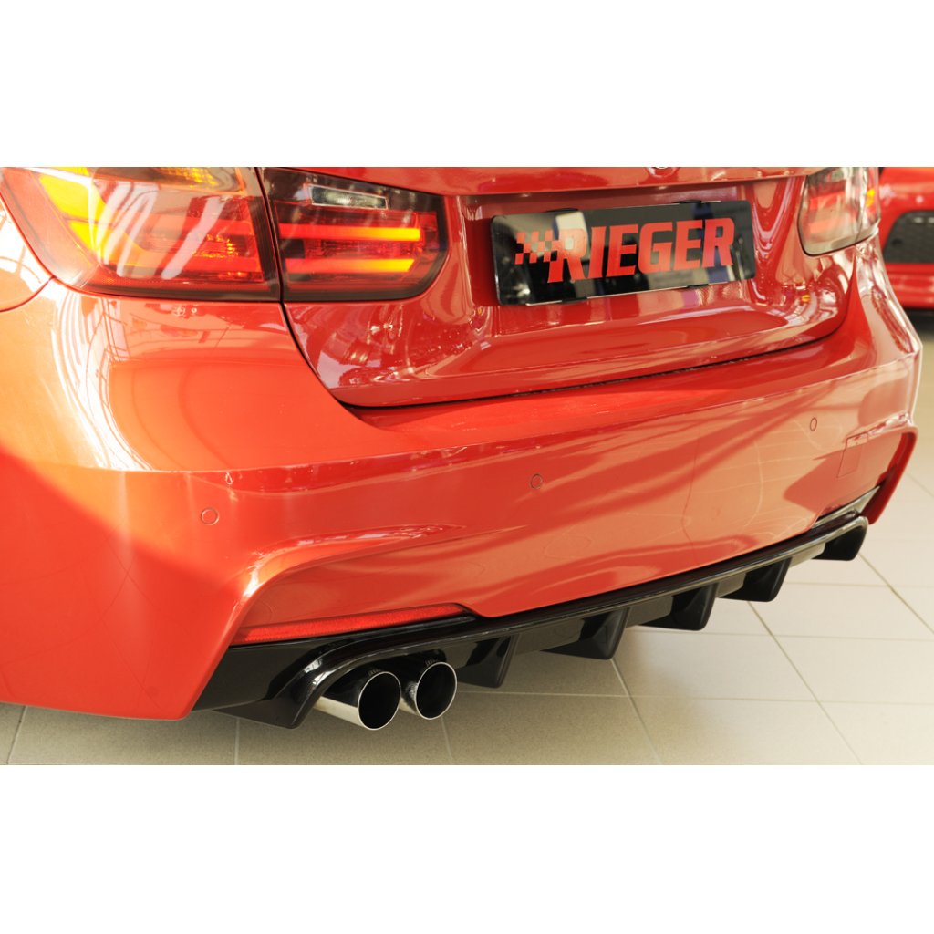 Rieger vložka zadního nárazníku pro BMW řada 3 F30, F31 sedan, touring vč. faceliftu, plast ABS lakovaný do černé lesklé barvy, pro orig. dvojitou koncovku vlevo
