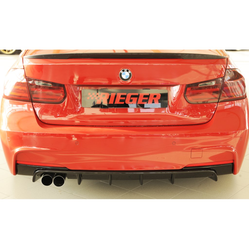 Rieger vložka zadního nárazníku pro BMW řada 3 F30, F31 sedan, touring vč. faceliftu, plast ABS lakovaný do černé lesklé barvy, pro orig. dvojitou koncovku vlevo