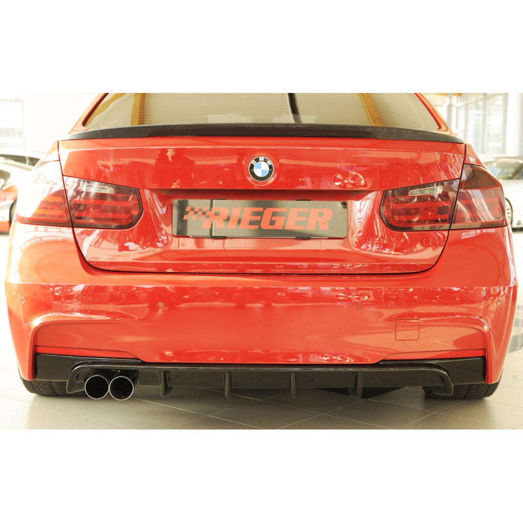 Rieger vložka zadního nárazníku pro BMW řada 3 F30, F31 sedan, touring vč. faceliftu, plast ABS lakovaný do černé lesklé barvy, pro orig. dvojitou koncovku vlevo