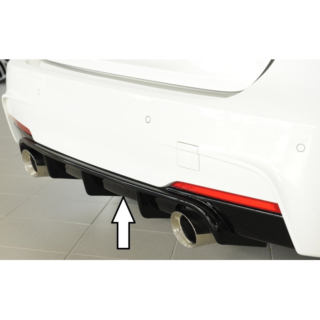 Rieger vložka zadního nárazníku pro BMW řada 3 F30, F31 sedan, touring vč. faceliftu, plast ABS lakovaný do černé lesklé barvy, pro orig. koncovky na obou stranách (335i/340i look)