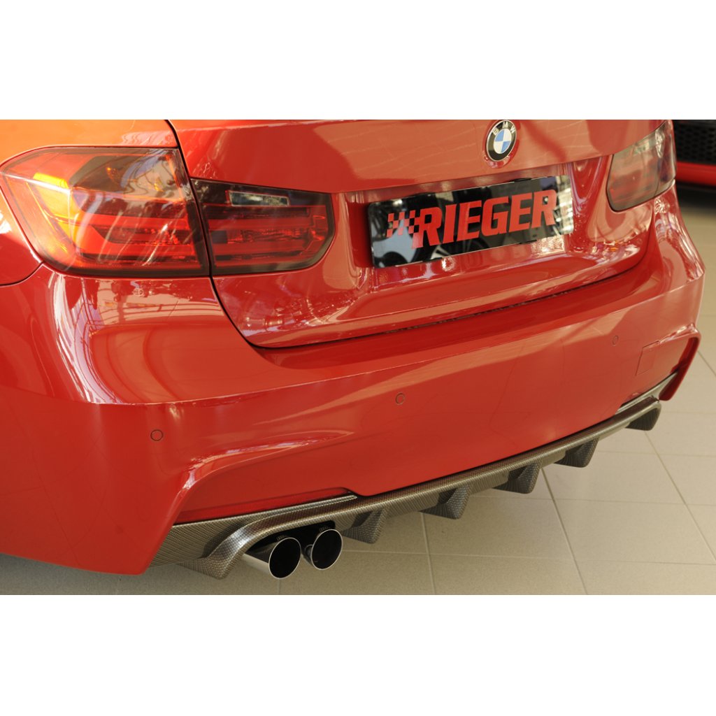 Rieger vložka zadního nárazníku pro BMW řada 3 F30, F31 sedan, touring vč. faceliftu, plast ABS s povrchovou úpravou Carbon-Look, pro orig. dvojitou koncovku vlevo