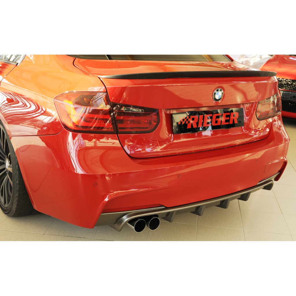 Rieger vložka zadního nárazníku pro BMW řada 3 F30, F31 sedan, touring vč. faceliftu, plast ABS s povrchovou úpravou Carbon-Look, pro orig. dvojitou koncovku vlevo