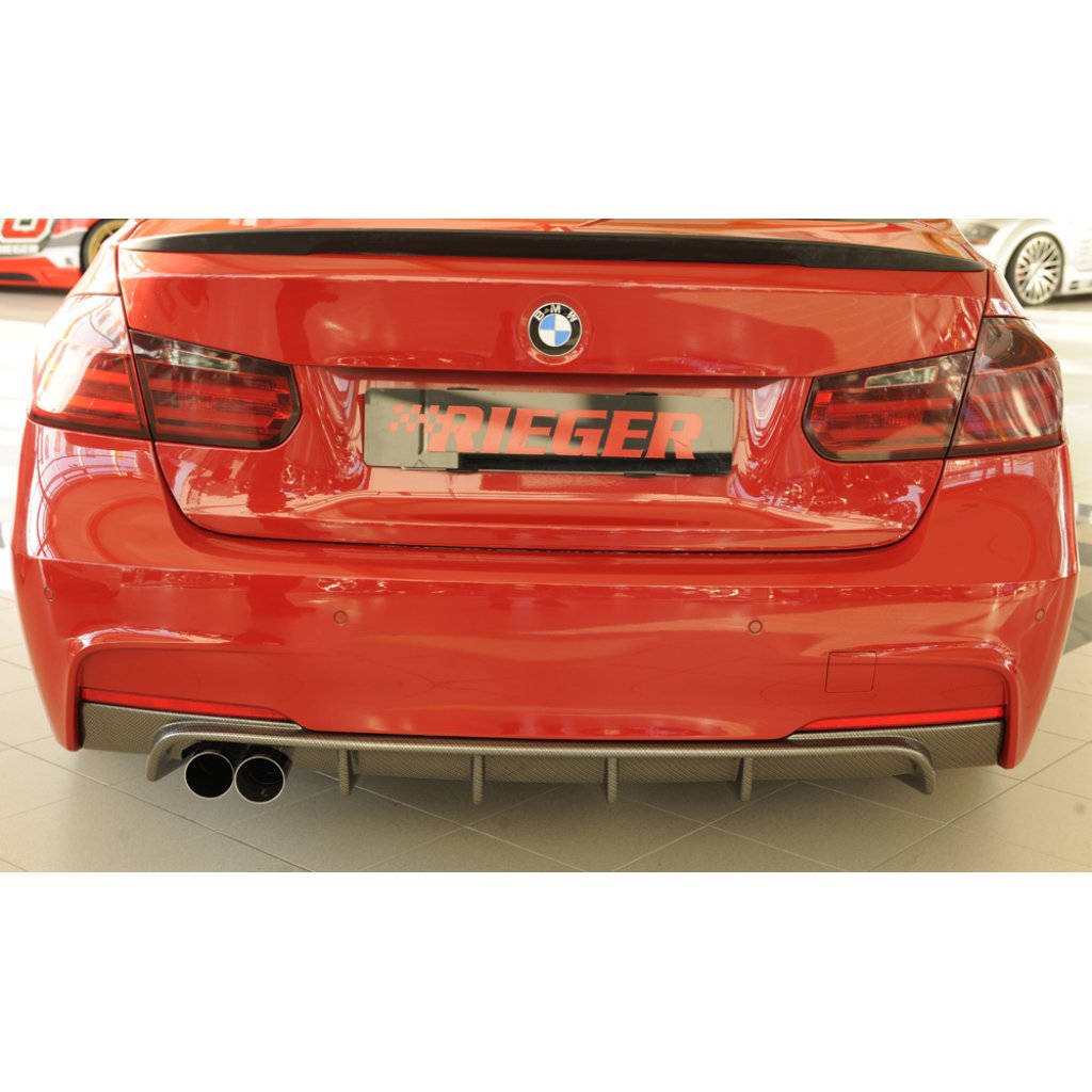 Rieger vložka zadního nárazníku pro BMW řada 3 F30, F31 sedan, touring vč. faceliftu, plast ABS s povrchovou úpravou Carbon-Look, pro orig. dvojitou koncovku vlevo