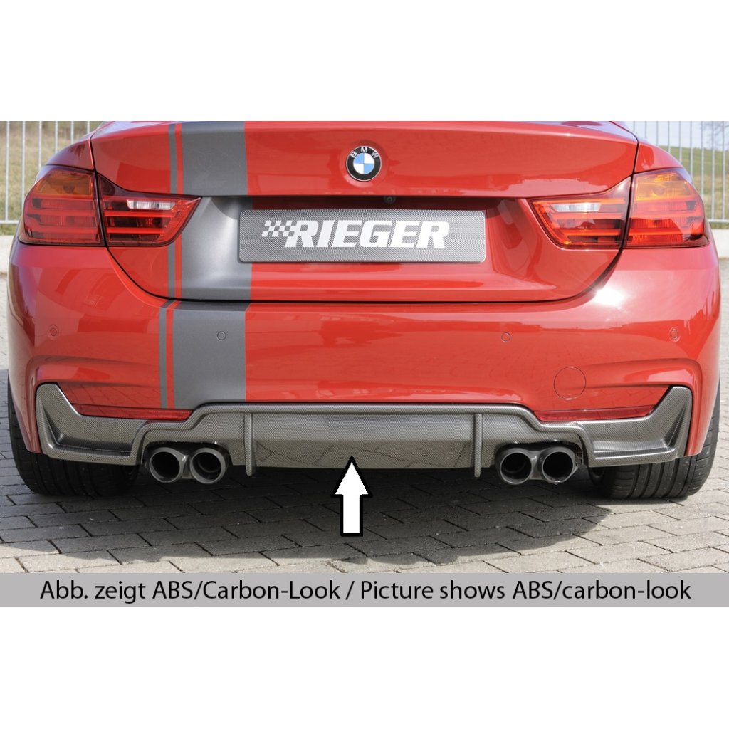 Rieger vložka zadního nárazníku pro BMW řada 4 F32, F33, F36 coupe (3-dvéř.), gran coupe (5-dvéř.), kabriolet vč. faceliftu, plast ABS bez povrchové úpravy, pro dvojité koncovky na obou stranách 4x80 mm (435i/440i look)
