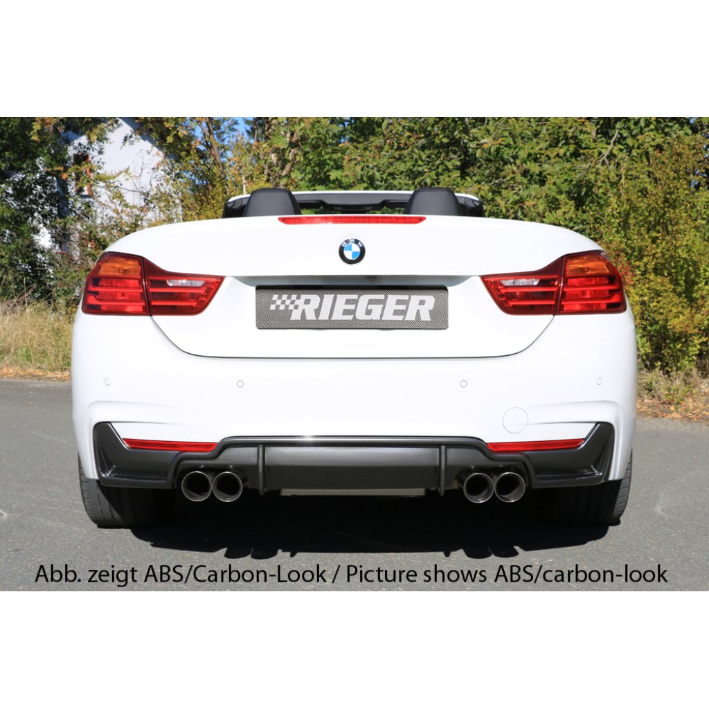 Rieger vložka zadního nárazníku pro BMW řada 4 F32, F33, F36 coupe (3-dvéř.), gran coupe (5-dvéř.), kabriolet vč. faceliftu, plast ABS bez povrchové úpravy, pro dvojité koncovky na obou stranách 4x80 mm (435i/440i look)