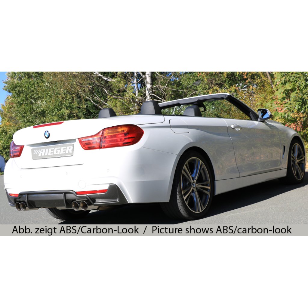 Rieger vložka zadního nárazníku pro BMW řada 4 F32, F33, F36 coupe (3-dvéř.), gran coupe (5-dvéř.), kabriolet vč. faceliftu, plast ABS bez povrchové úpravy, pro dvojité koncovky na obou stranách 4x80 mm (435i/440i look)