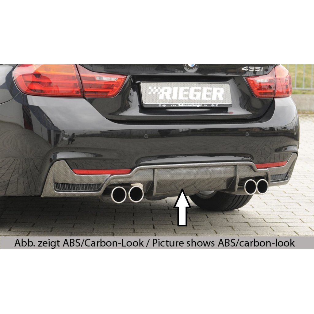 Rieger vložka zadního nárazníku pro BMW řada 4 F32, F33, F36 coupe (3-dvéř.), gran coupe (5-dvéř.), kabriolet vč. faceliftu, plast ABS bez povrchové úpravy, pro dvojité koncovky na obou stranách 4x80 mm (435i/440i look) vč. mřížky