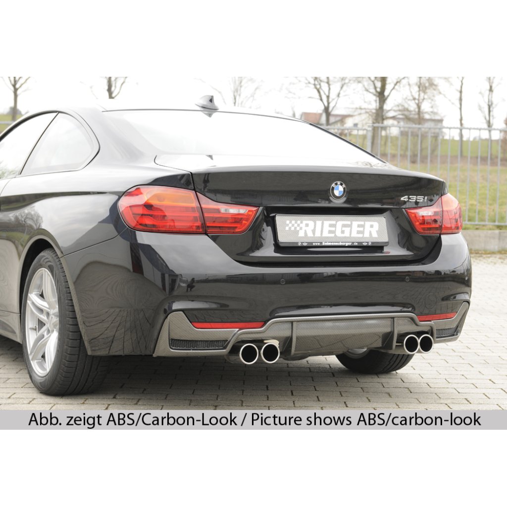 Rieger vložka zadního nárazníku pro BMW řada 4 F32, F33, F36 coupe (3-dvéř.), gran coupe (5-dvéř.), kabriolet vč. faceliftu, plast ABS bez povrchové úpravy, pro dvojité koncovky na obou stranách 4x80 mm (435i/440i look) vč. mřížky