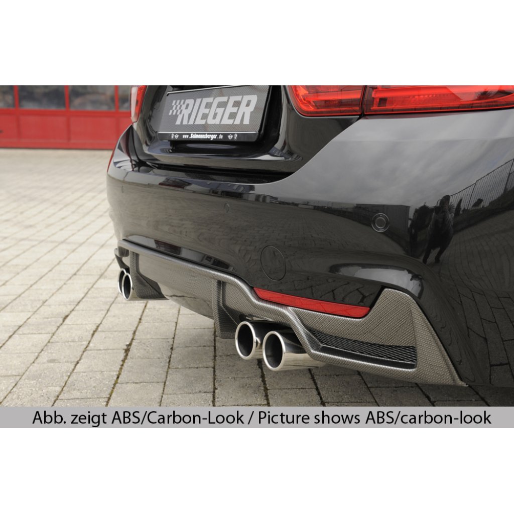 Rieger vložka zadního nárazníku pro BMW řada 4 F32, F33, F36 coupe (3-dvéř.), gran coupe (5-dvéř.), kabriolet vč. faceliftu, plast ABS bez povrchové úpravy, pro dvojité koncovky na obou stranách 4x80 mm (435i/440i look) vč. mřížky