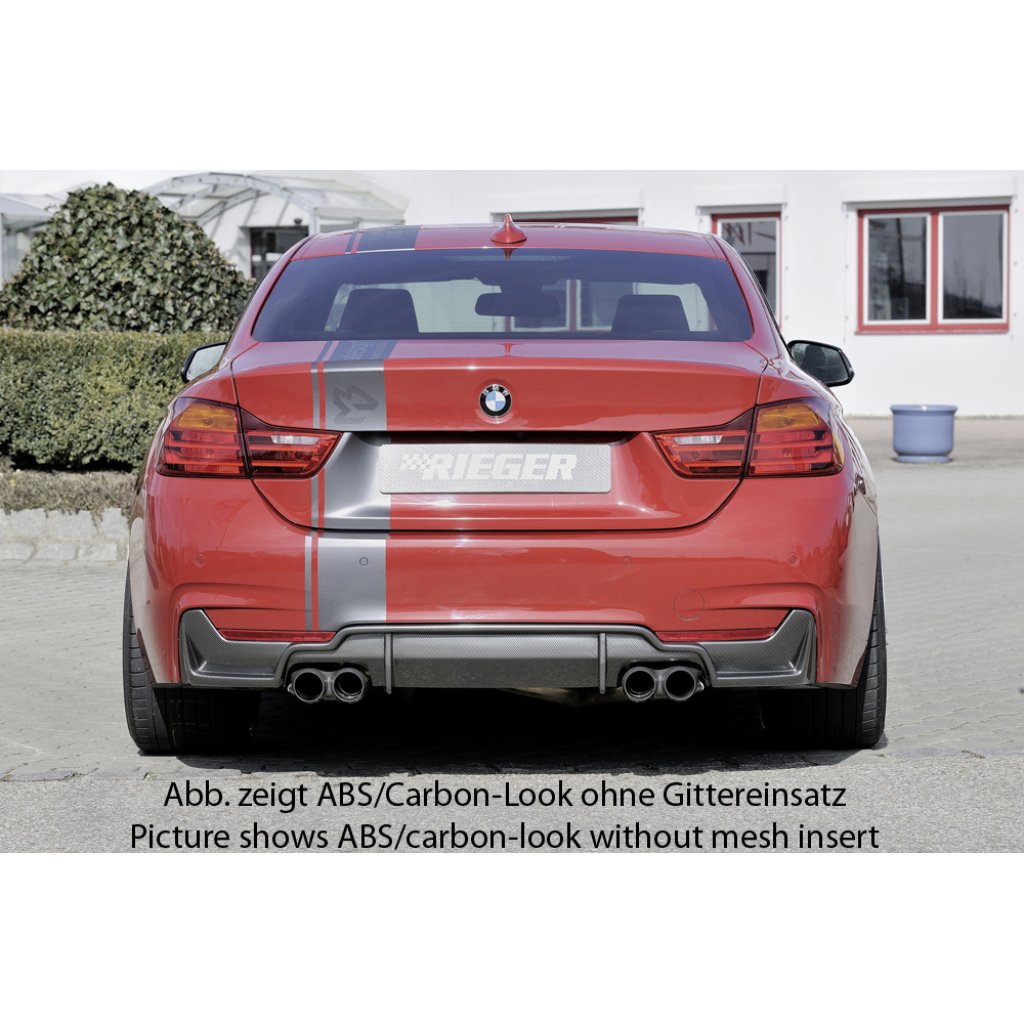 Rieger vložka zadního nárazníku pro BMW řada 4 F32, F33, F36 coupe (3-dvéř.), gran coupe (5-dvéř.), kabriolet vč. faceliftu, plast ABS bez povrchové úpravy, pro dvojité koncovky na obou stranách 4x80 mm (435i/440i look) vč. mřížky