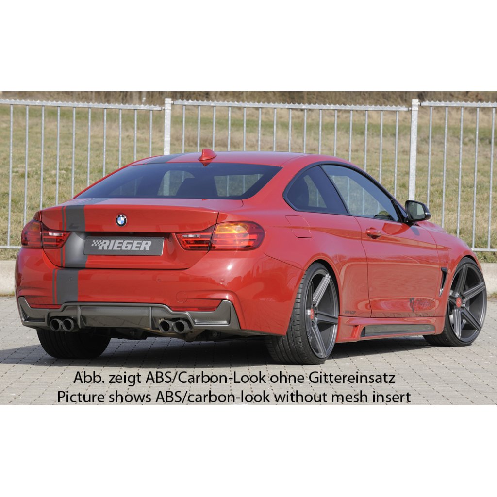 Rieger vložka zadního nárazníku pro BMW řada 4 F32, F33, F36 coupe (3-dvéř.), gran coupe (5-dvéř.), kabriolet vč. faceliftu, plast ABS bez povrchové úpravy, pro dvojité koncovky na obou stranách 4x80 mm (435i/440i look) vč. mřížky