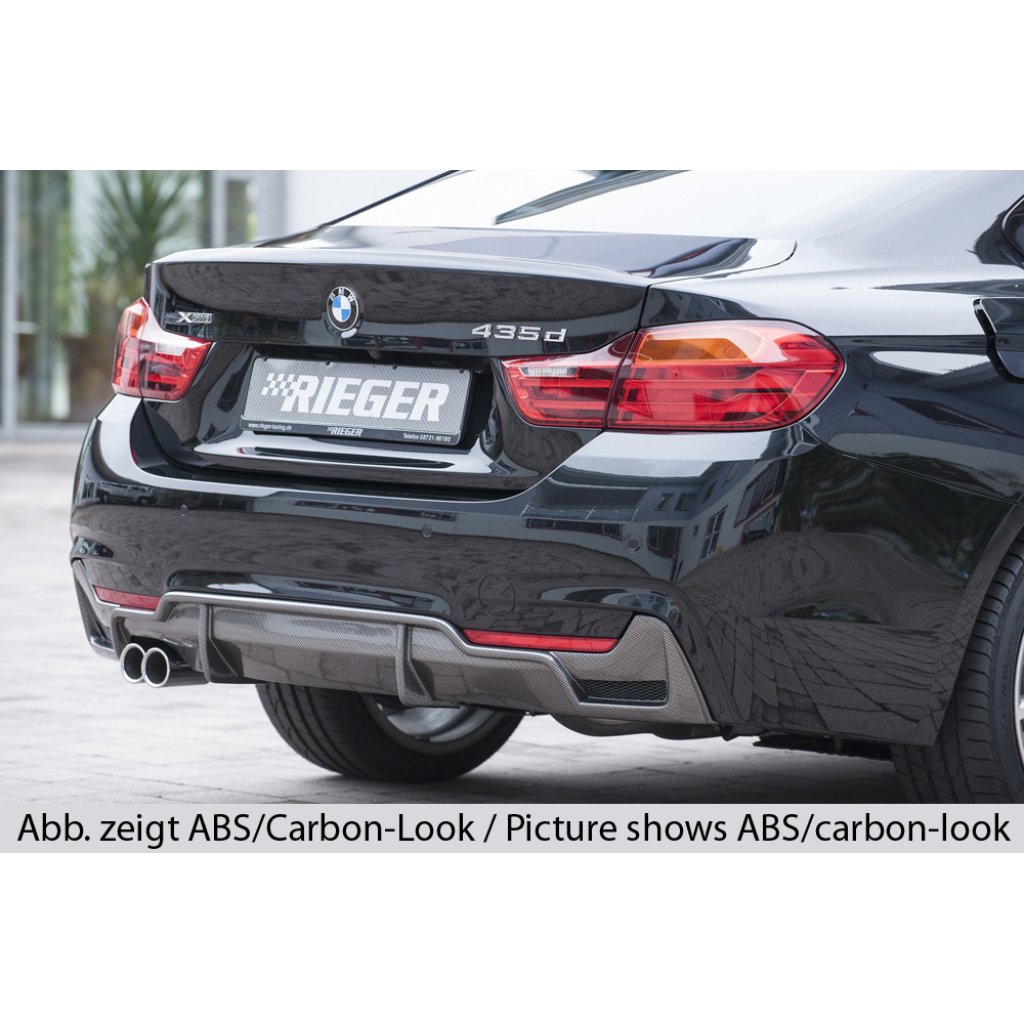 Rieger vložka zadního nárazníku pro BMW řada 4 F32, F33, F36 coupe (3-dvéř.), gran coupe (5-dvéř.), kabriolet vč. faceliftu, plast ABS bez povrchové úpravy, pro orig. dvojitou koncovku vlevo vč. mřížky