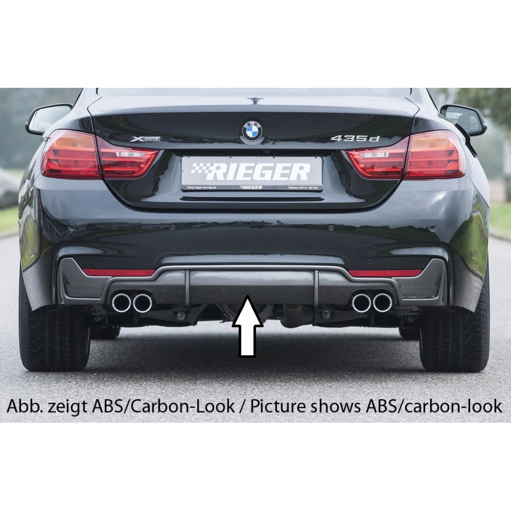 Rieger vložka zadního nárazníku pro BMW řada 4 F32, F33, F36 coupe (3-dvéř.), gran coupe (5-dvéř.), kabriolet vč. faceliftu, plast ABS lakovaný do černé lesklé barvy, pro dvojité koncovky na obou stranách 4x76 mm