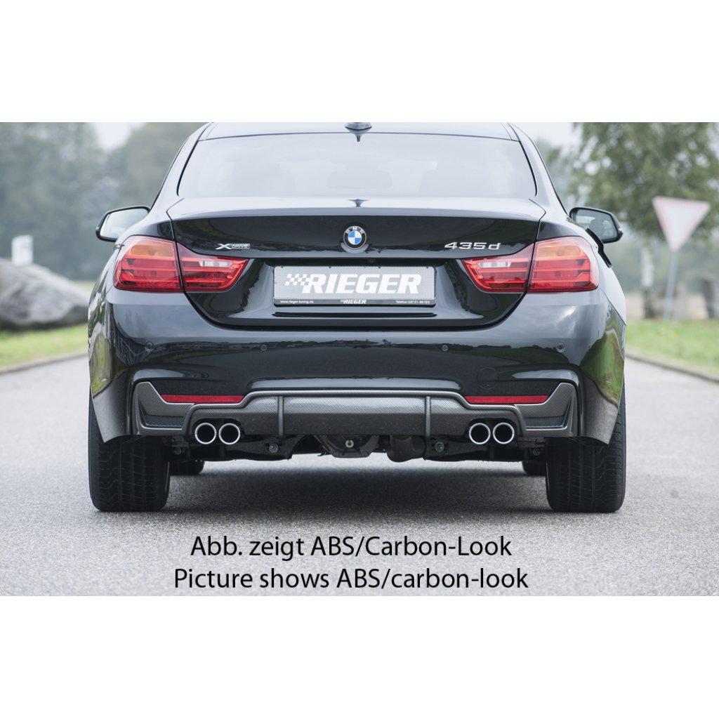 Rieger vložka zadního nárazníku pro BMW řada 4 F32, F33, F36 coupe (3-dvéř.), gran coupe (5-dvéř.), kabriolet vč. faceliftu, plast ABS lakovaný do černé lesklé barvy, pro dvojité koncovky na obou stranách 4x76 mm vč. mřížky