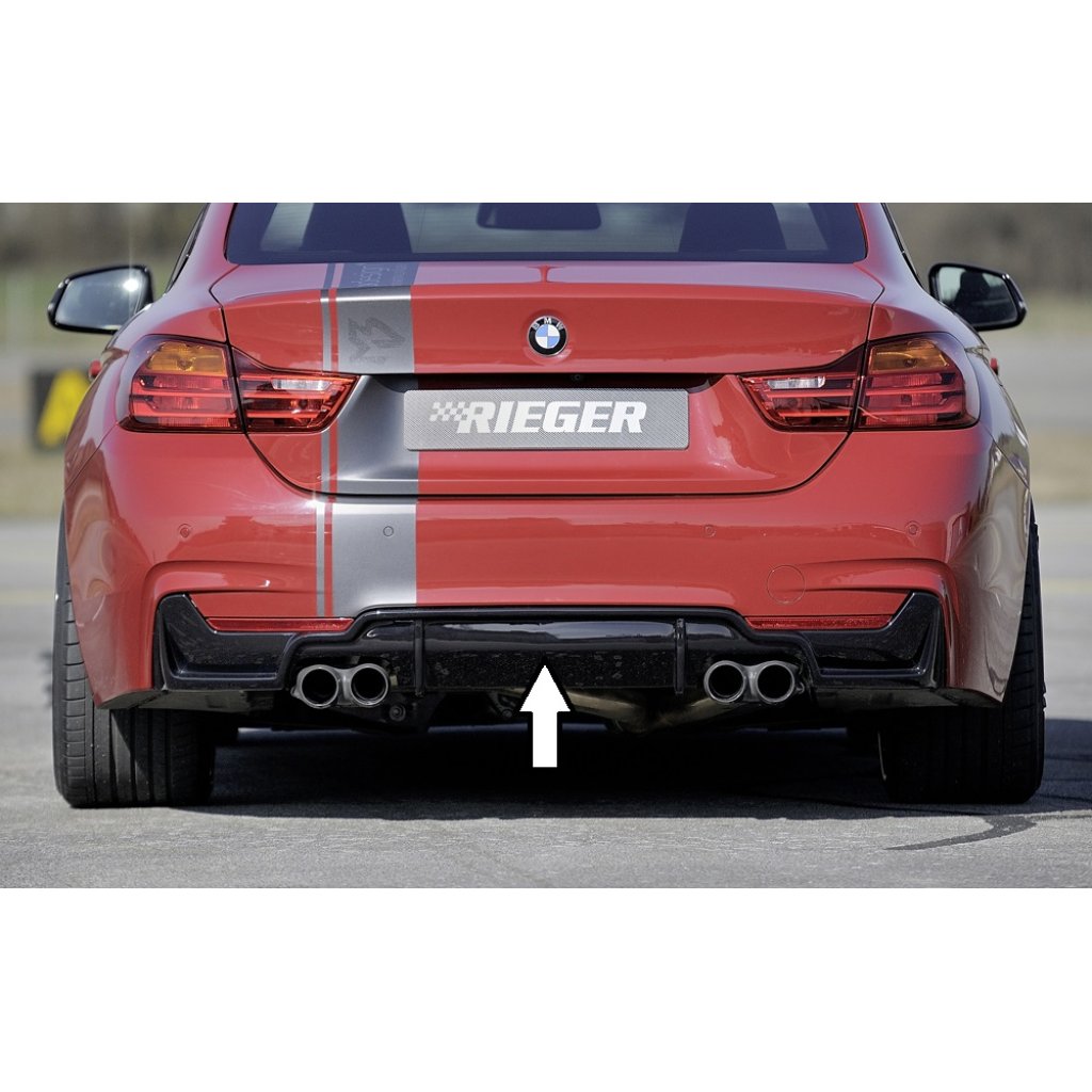 Rieger vložka zadního nárazníku pro BMW řada 4 F32, F33, F36 coupe (3-dvéř.), gran coupe (5-dvéř.), kabriolet vč. faceliftu, plast ABS lakovaný do černé lesklé barvy, pro dvojité koncovky na obou stranách 4x80 mm (435i/440i look)