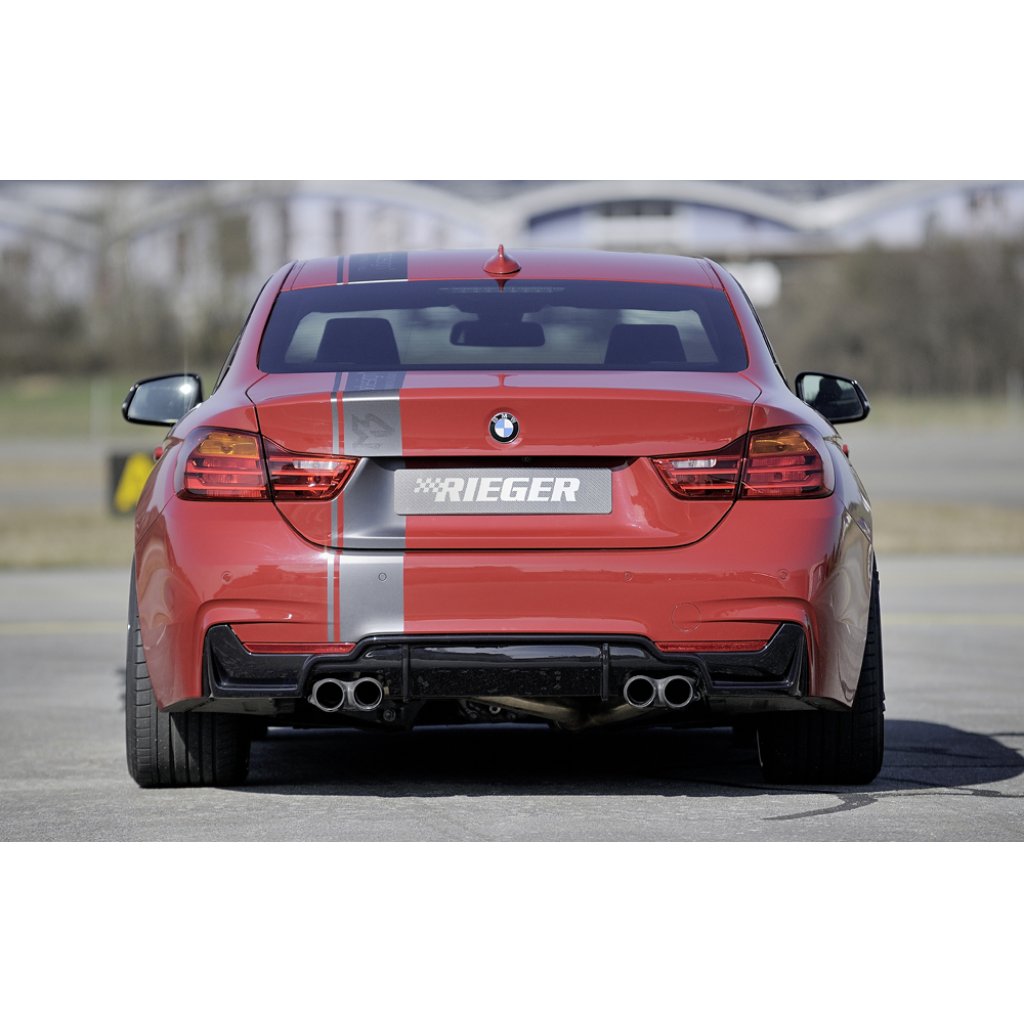 Rieger vložka zadního nárazníku pro BMW řada 4 F32, F33, F36 coupe (3-dvéř.), gran coupe (5-dvéř.), kabriolet vč. faceliftu, plast ABS lakovaný do černé lesklé barvy, pro dvojité koncovky na obou stranách 4x80 mm (435i/440i look)