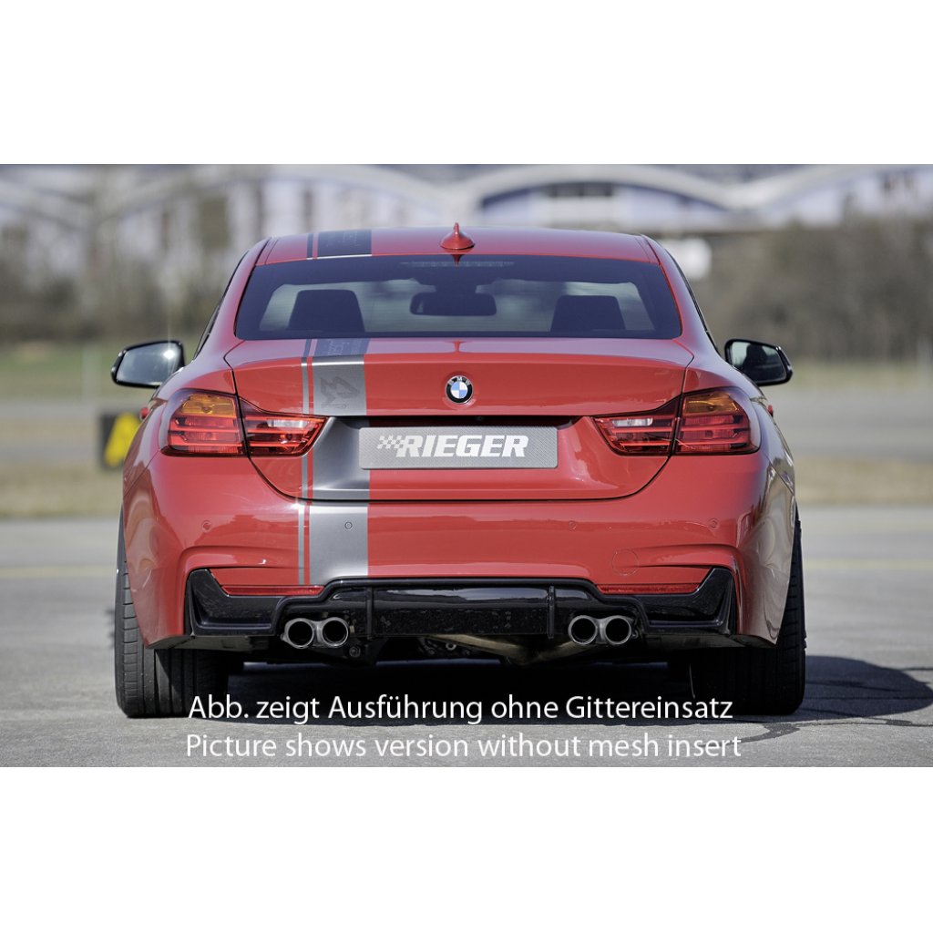 Rieger vložka zadního nárazníku pro BMW řada 4 F32, F33, F36 coupe (3-dvéř.), gran coupe (5-dvéř.), kabriolet vč. faceliftu, plast ABS lakovaný do černé lesklé barvy, pro dvojité koncovky na obou stranách 4x80 mm (435i/440i look) vč. mřížky