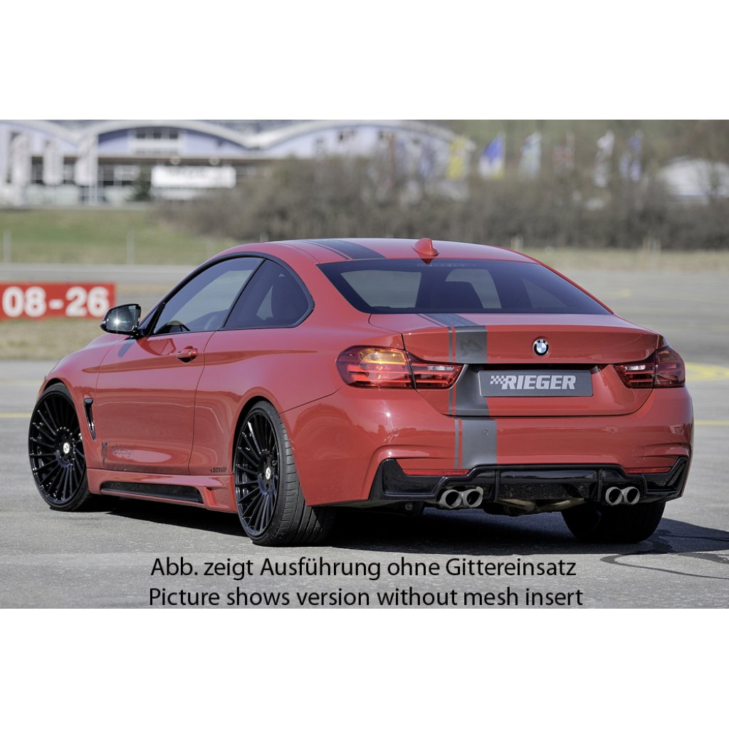 Rieger vložka zadního nárazníku pro BMW řada 4 F32, F33, F36 coupe (3-dvéř.), gran coupe (5-dvéř.), kabriolet vč. faceliftu, plast ABS lakovaný do černé lesklé barvy, pro dvojité koncovky na obou stranách 4x80 mm (435i/440i look) vč. mřížky
