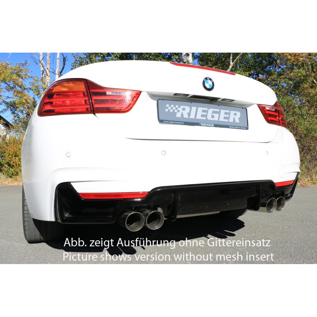 Rieger vložka zadního nárazníku pro BMW řada 4 F32, F33, F36 coupe (3-dvéř.), gran coupe (5-dvéř.), kabriolet vč. faceliftu, plast ABS lakovaný do černé lesklé barvy, pro dvojité koncovky na obou stranách 4x80 mm (435i/440i look) vč. mřížky